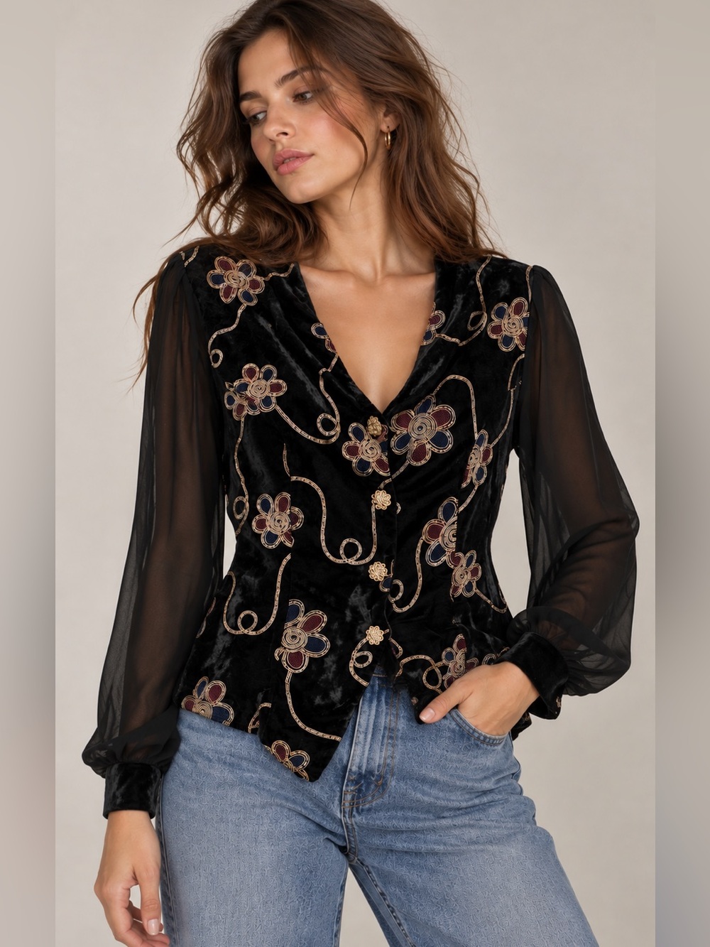 Vintage 90s Black Velvet Embroidered Floral Sheer Sleeve Blouse gold buttons